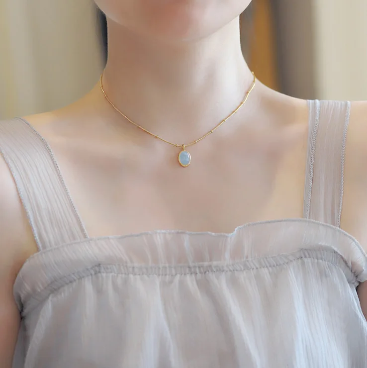 

K1Star Sea Blue Oval Sea Blue Treasure Necklace Collarbone Chain Titanium Steel Gold Plated