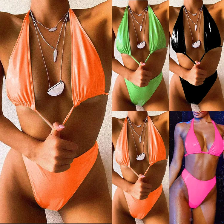 

Two-Piece PU Leather Bikini Sexy Women Swimsuit Mini Triangle Thongs+Bra Tops,Lacing Adjust Cute Bathing Bikinis Set Swimwear