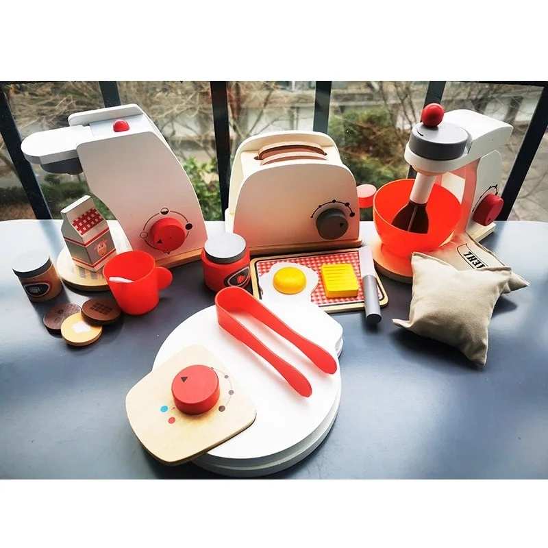 Kids Wooden Kitchen Toys Set Toaster Coffee machine Mixer Pan cake for Baby Pretend Play Early Learning Educational Toy | Игрушки и
