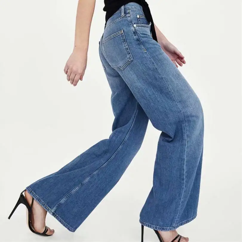 

Nice Summer Women Retro Style Wide Leg Denim Pants Pockets Casual High Waist Pocket Jeans Cowboy Solid Loose Flared Trousers