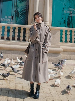 

2020 Winter Long Women's Korean Style Woolen Coat Fashion Casual Jacket Thick Warm High-quality Wool Blended Brown Jacket Women