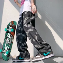 Pantalones vaqueros con estampado completo para hombre y mujer, jeans holgados de pierna ancha para skateboard, High street hip hop