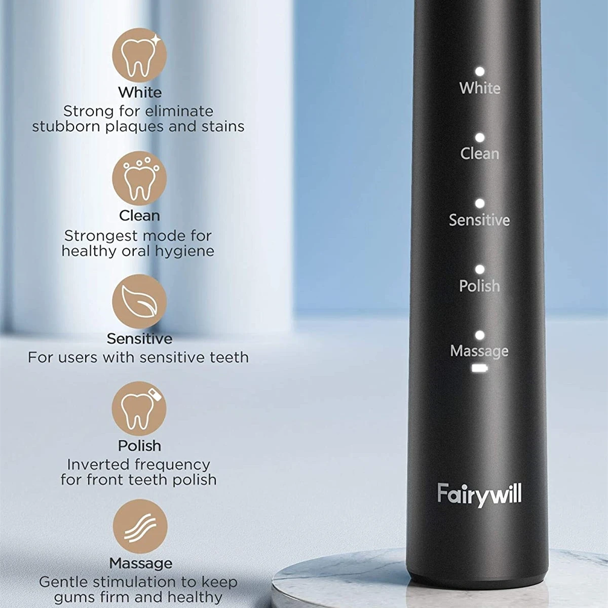 Fairywill Sonic Electric ToothbrushUSB Charge Rechargeable E11 Waterproof  Electric Toothbrush 8 Brush Replacement Heads Adult 4