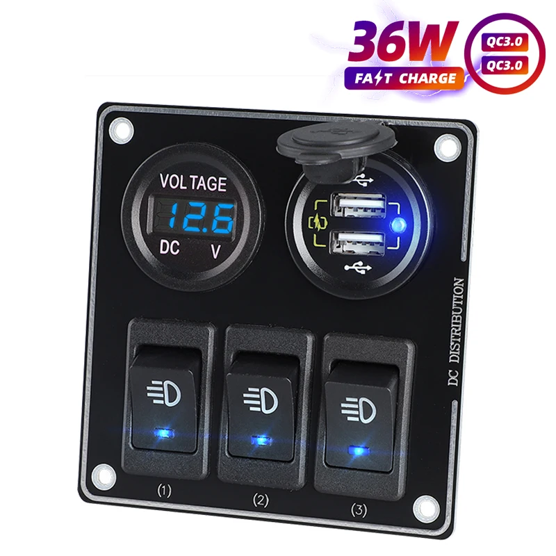 Triple 3.1A Dual USB Port Charger Voltmeter 12V Socket Panel Mount