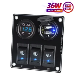 Voltmètre 12V et interrupteur QC 3.0 double Port, chargeur rapide de voiture Usb 12V, prise allume cigare dans la voiture, adaptateur étanche 