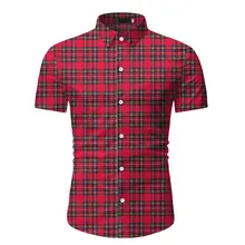 KISSQIQI Men Summer Short Sleeve Plaid Shirts Fashion Men Casual Shirts Polyester  Slim Fit Shirts Asian Size M-3XL