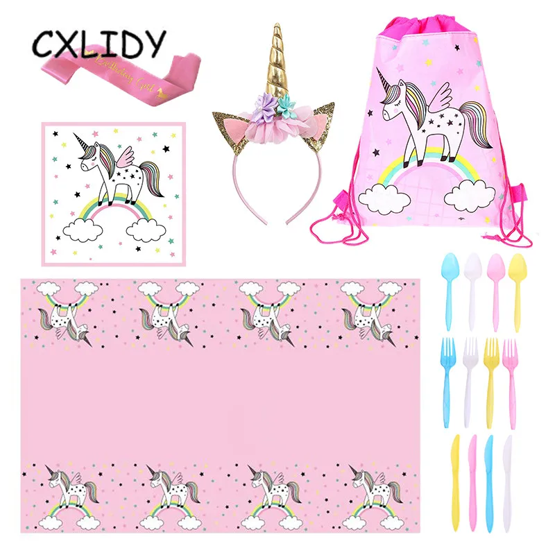 CXLIDY Baby Shower Birthday Girl Unicorn Headband Tableware Sash 1st One Year Party Decoration | Дом и сад