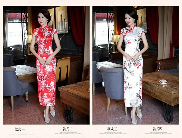 Весна лето стиль натуральный шелк Cheongsam ретро Мода длинное платье для женщин