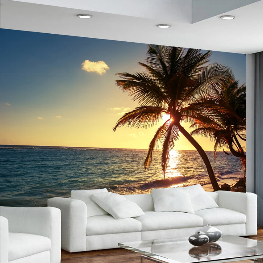 Custom 3D Photo Wallpaper Living Room Sea Sunrise Sunset Seaside Beach Coconut Trees Nature Landscape Mural Paper Wall Painting |