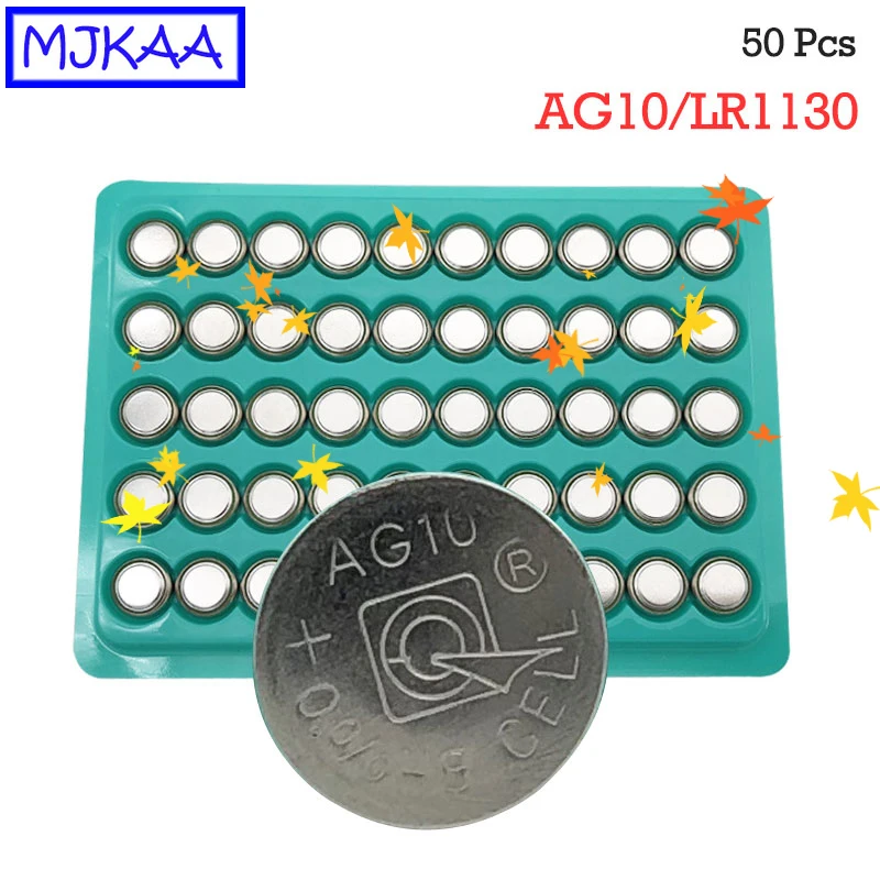 MJKAA 50 шт. AG10 1 5 V Щелочная батарейка кнопка LR1130 1130 SR1130 389A LR54 L1131 189 80mAh Емкость батареи