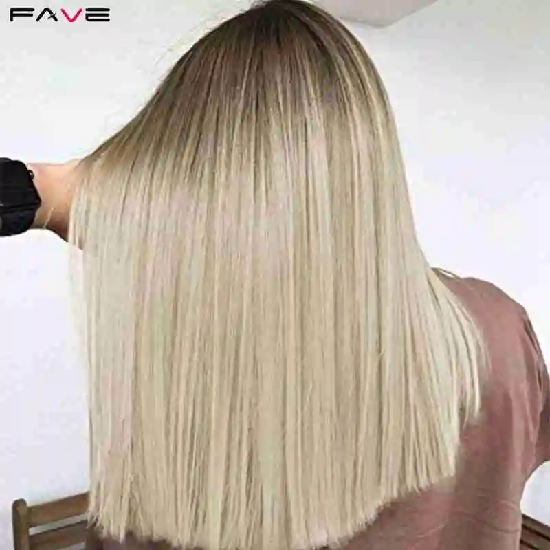 

FAVE Black To Light Blonde Straight Bob Shoulder Length Synthetic Wig Middle Part Cosplay Party Heat Resistant Fiber For Women