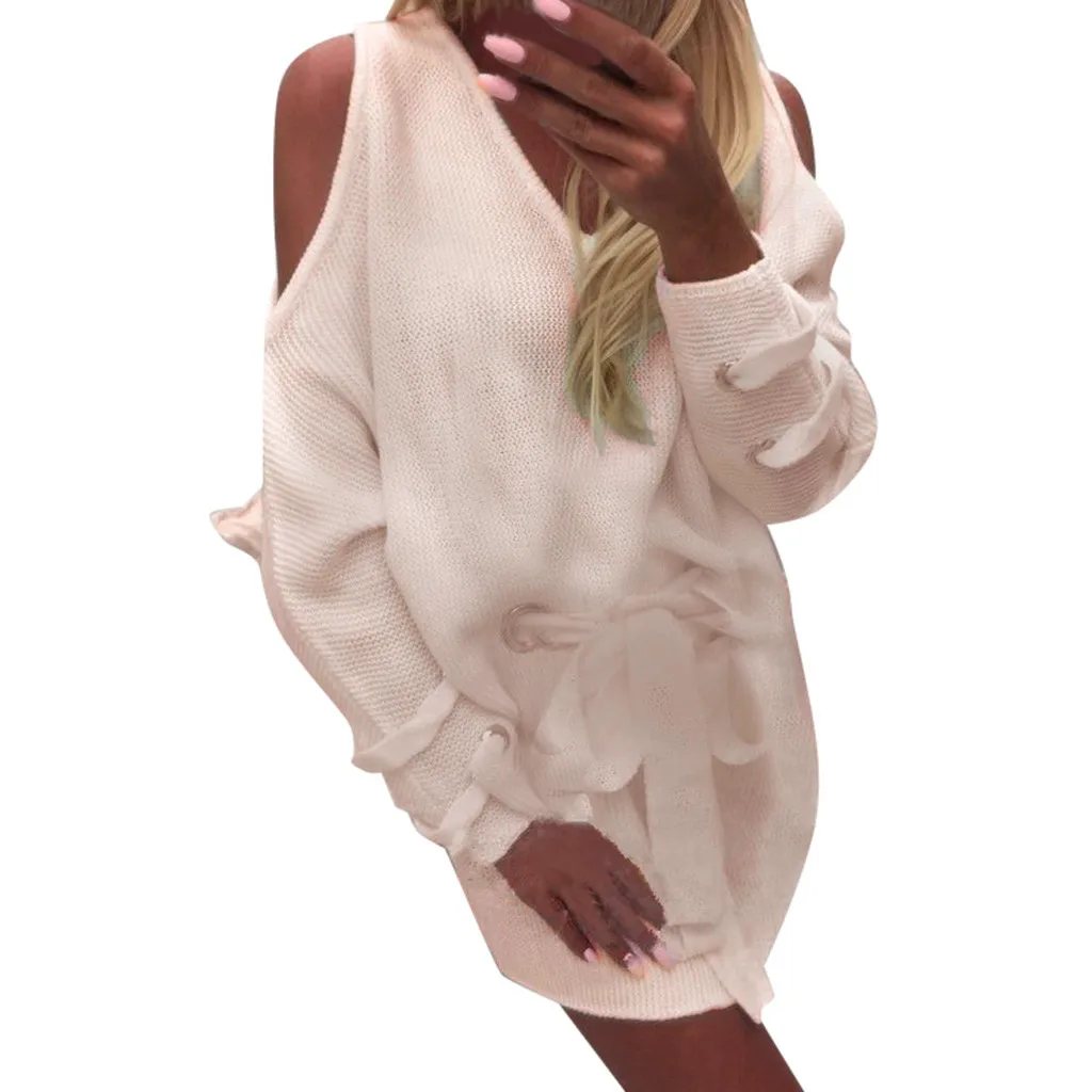 Женские Элегантные однотонные белые свободные свитера без бретелек Дамский пуловер с поясом свитер с длинным рукавом Женские трикотажные свитеры