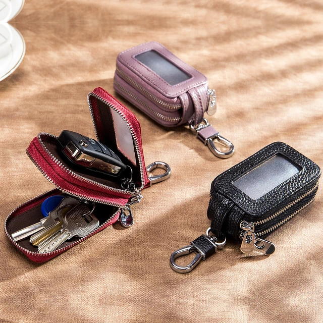 Porte-clé de voiture en cuir véritable pour hommes et femmes, avec  fermeture éclair - AliExpress