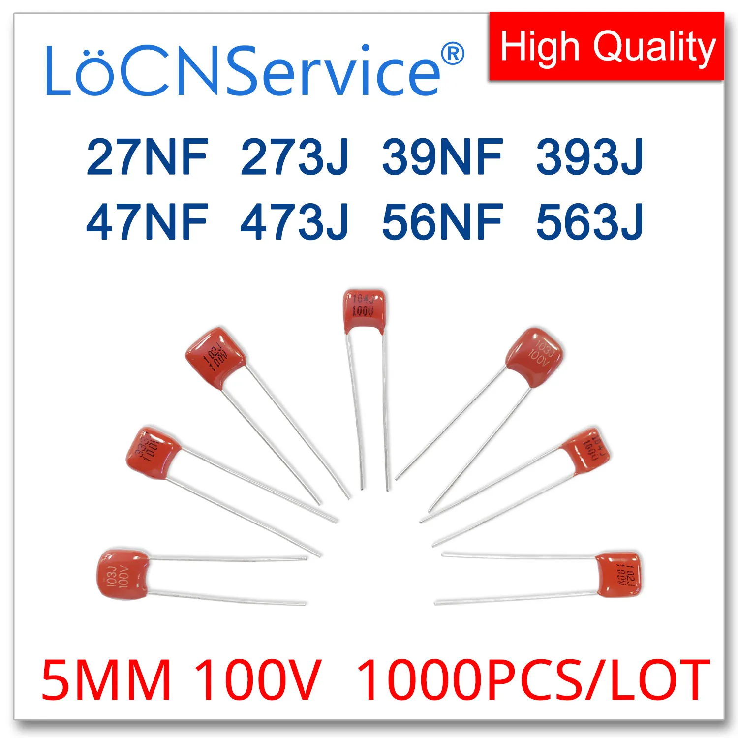 

LoCNService 1000 шт. 5 мм 100 в 27NF 39NF 47NF 56NF 273J 393J 473J 563J CBB полипропиленовый пленочный конденсатор высокого качества