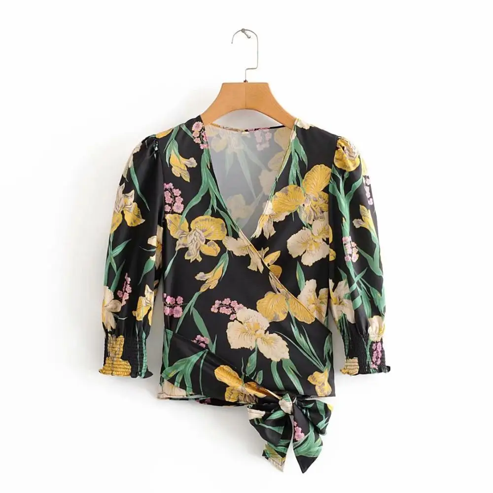 

new women cross v neck hem bow tied casual slim blouse office lady three quarter sleeve printing shirts chic chemise tops LS6294