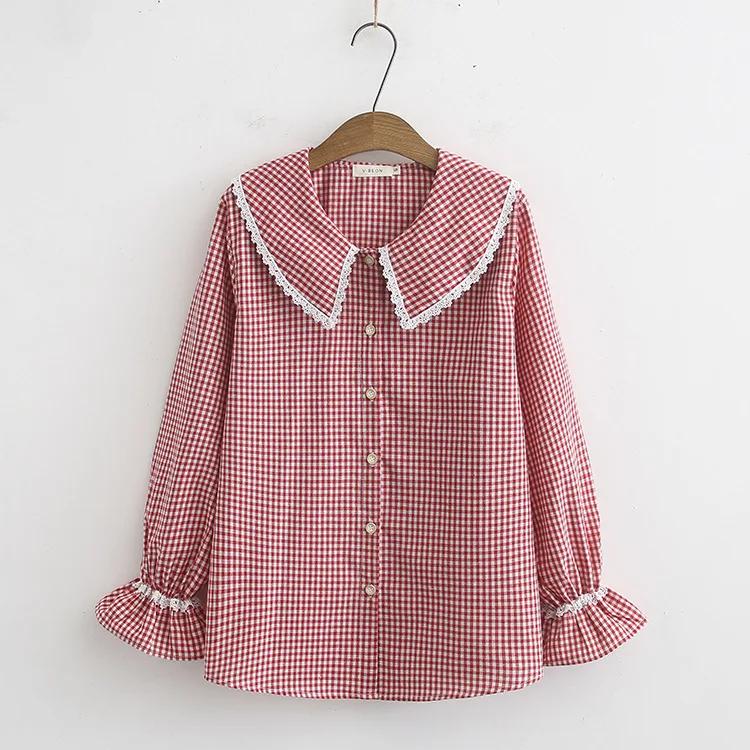 

blusa feminina sweet lolita shirt mori girls autumn spring Japanese style sweet lace collar red blue plaid blouse