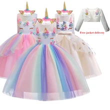 Новинка; милое рождественское газовое праздничное платье принцессы с вышивкой единорога и бисером; детская одежда для детей 2-12 лет;