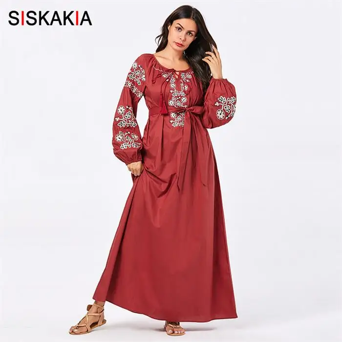Siskakia повседневное длинное платье размера плюс элегантные женские платья с длинным рукавом красные качели Цветочная вышивка кисточка шнурок дизайн - Цвет: Red dress