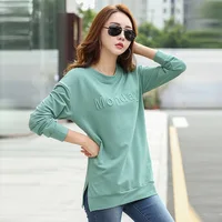 Women Cotton T-shirt Solid Color Letter Embroidery O-neck Long Sleeve Elegant Casual Tops 1
