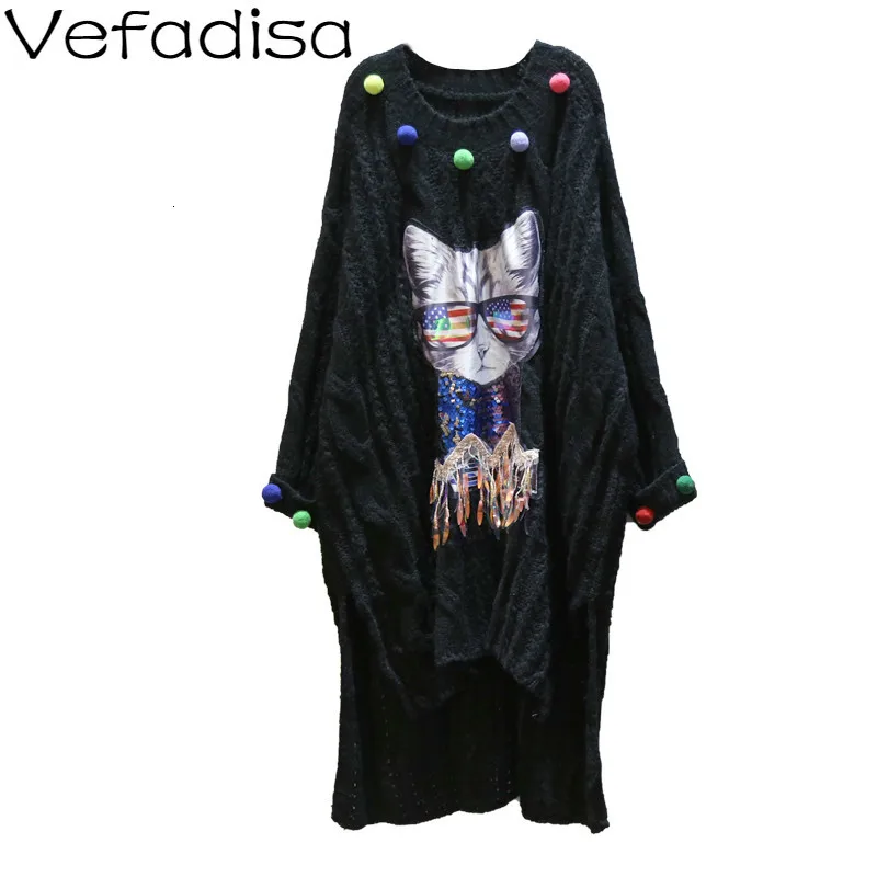 Vefadisa Black Pullovers Sweater Dress Woman 2019 Winter Irregular Knitting Sequin Cat Appliques QYF1414 |
