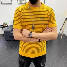 Высокое качество, тонкая посадка, круглый воротник, однотонная подошва, мужские футболки, осенняя футболка Homme, трикотажная полосатая футболка с коротким рукавом для мужчин