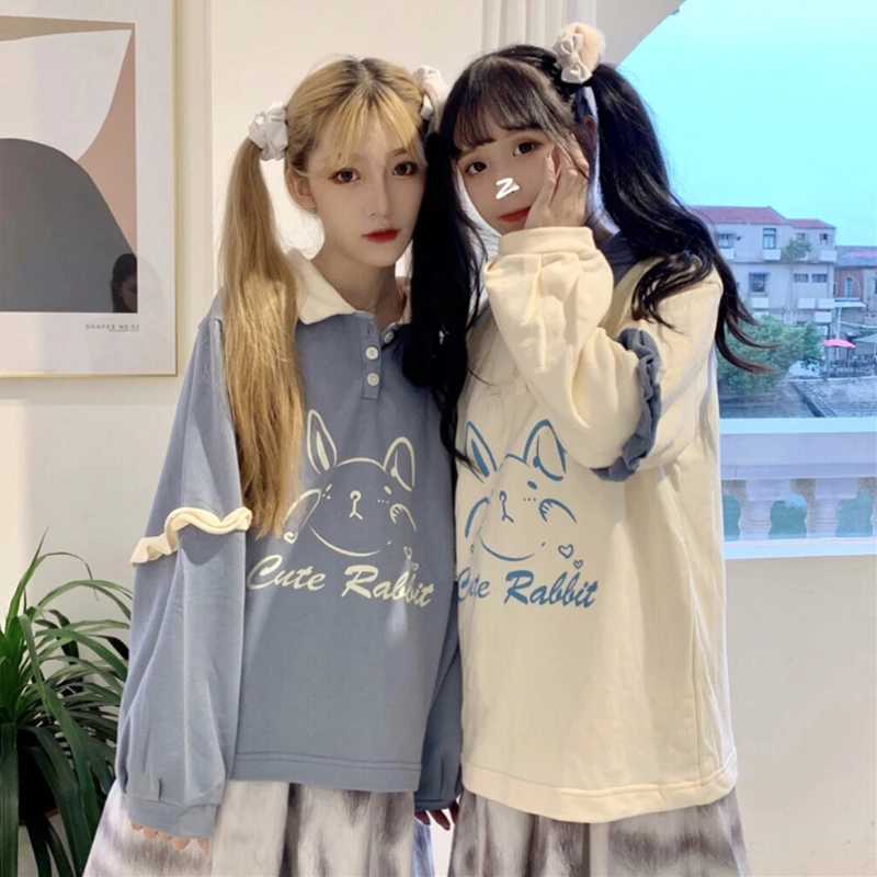 

2019 Autumn Cute Women's Rabbit Face Print Hoodies Long Sleeve Bunny Trun Down Collar Sweatshirt Sweet Girl Blue & Beige