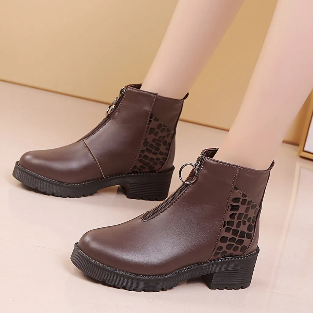 

Womens High Heel Boots Zipper Non-Slip Ladies Short Boot Fashion Round Toe Shoes Solid Leather Winter Boots Bota Feminina 2019