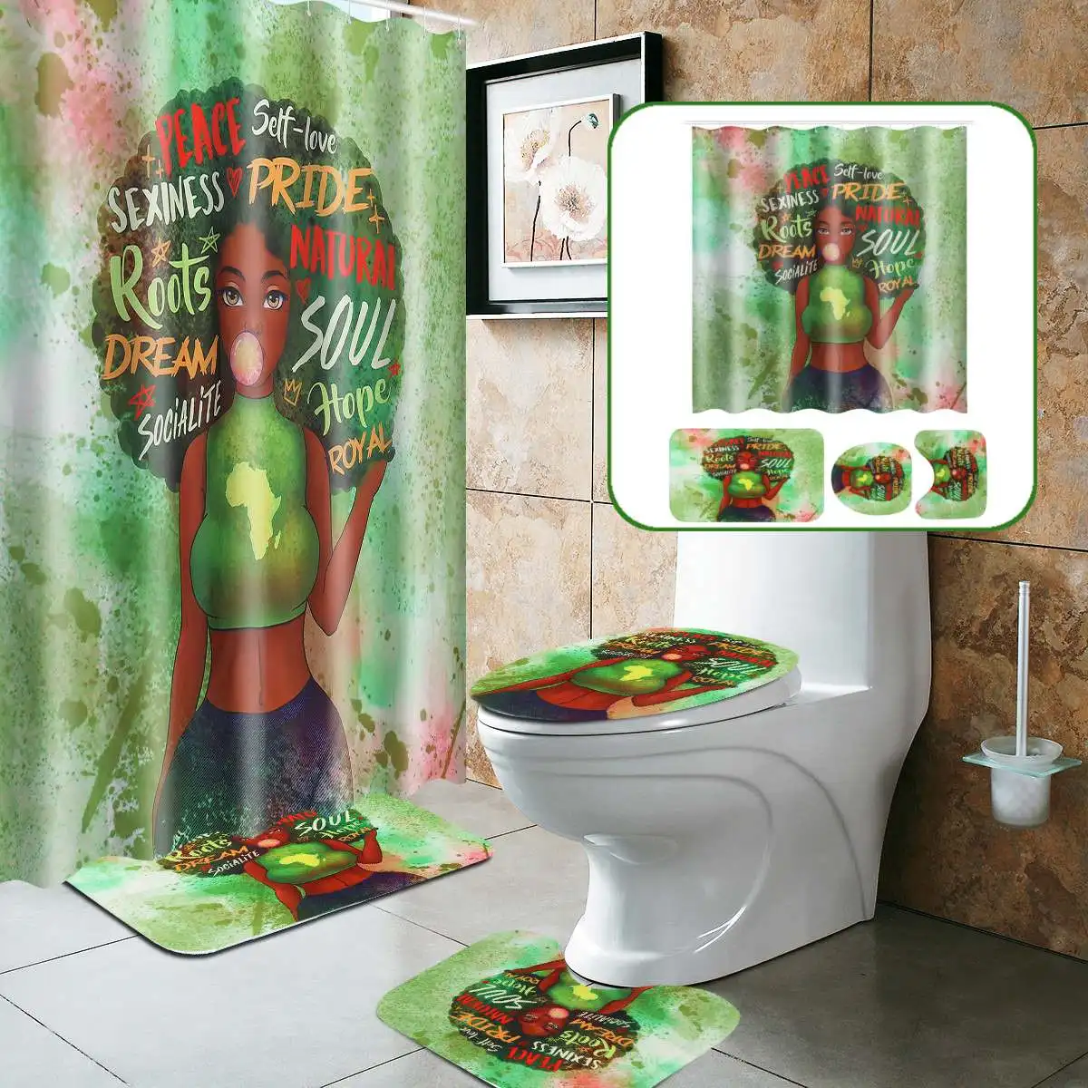 1/3/4Pcs African Girl Shower Curtain With Bath Mats Rugs Toilet Cover Mat Set 