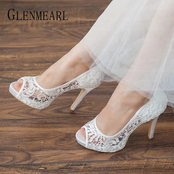 

Women High Heels Shoes Woman Pumps Waterproof Fish Mouth Lace Wedding Shoes For Women Sandals 2020 New Arrival