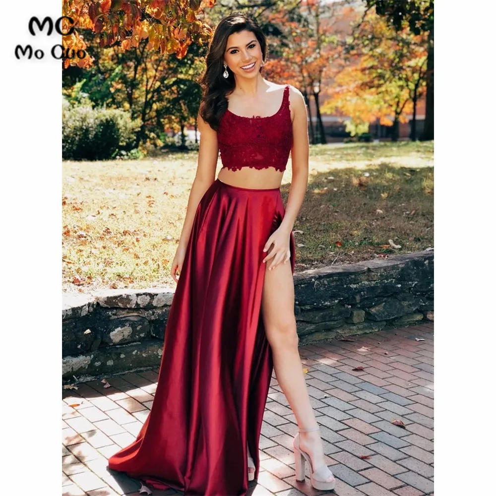 

Burgundy Evening Dresses 2019 Two Pieces Gown Long Party Gown Straps Side Slit Silk Satin Vestido De Festa Women's Prom Gowns