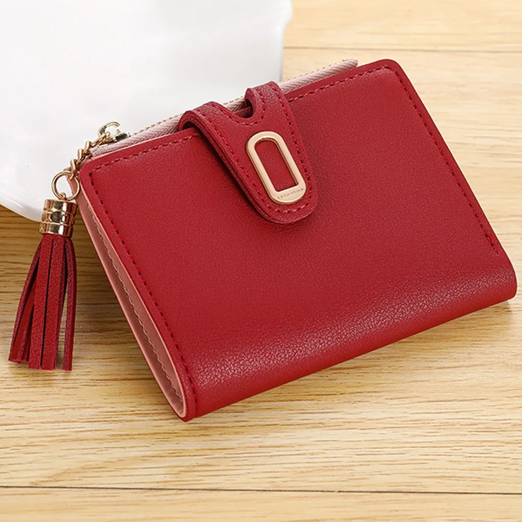 Women's fashion solid color tassel short wallet trend buckle simple leather clip женский кошелек