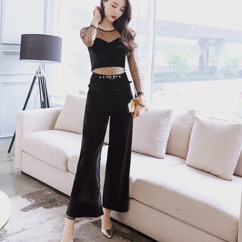 

2 Piece Set 2019 Autumn Women OL Black Suit Elegant Party Office Patchwork Mesh Tops and Long Straight Pants Set Two Piece Suit