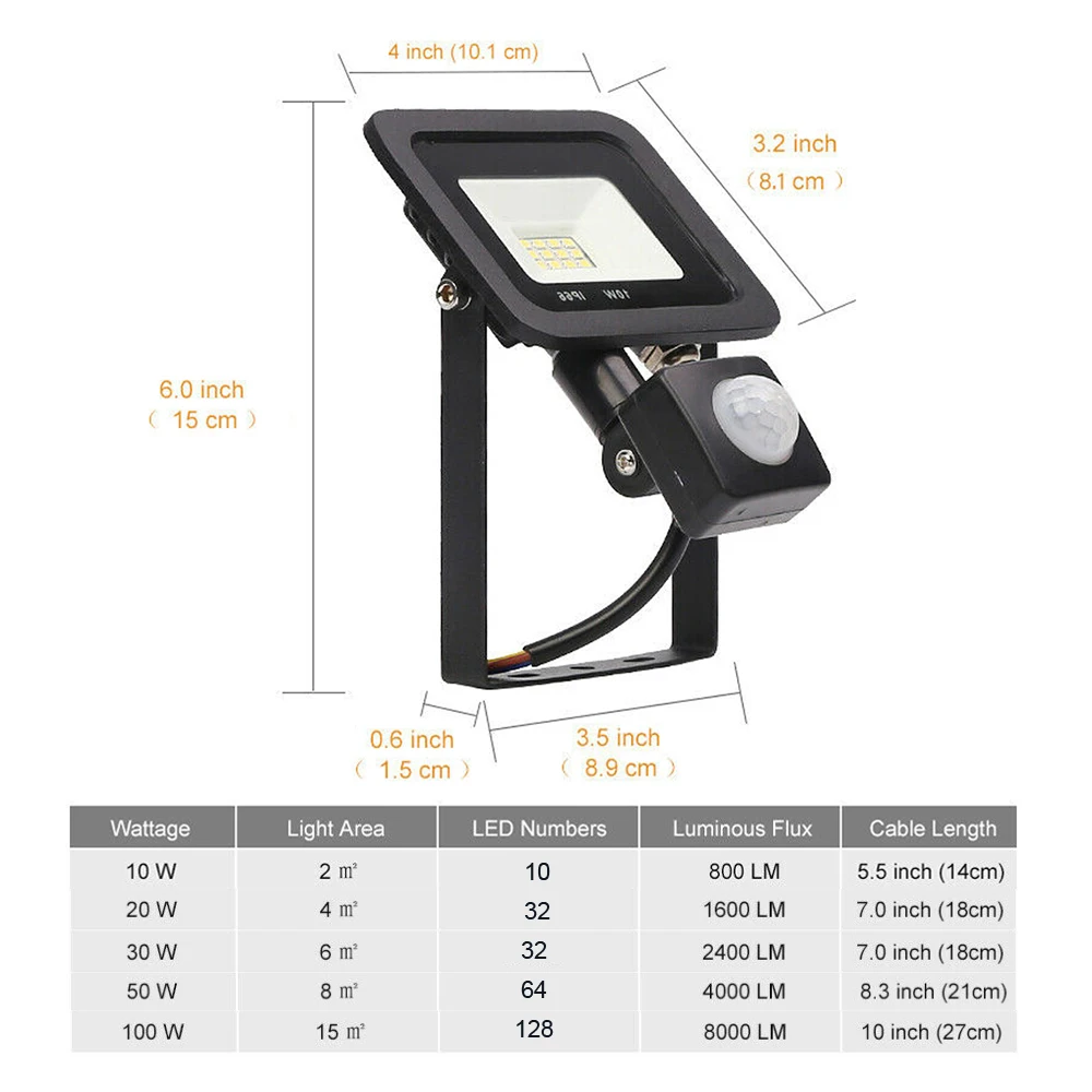 10/20/30/50/100 Вт ультра-тонкий светодиодный прожектор AC175-265V IP66 Водонепроницаемый движения PIR Сенсор Светодиодный прожектор для сада уличное освещение