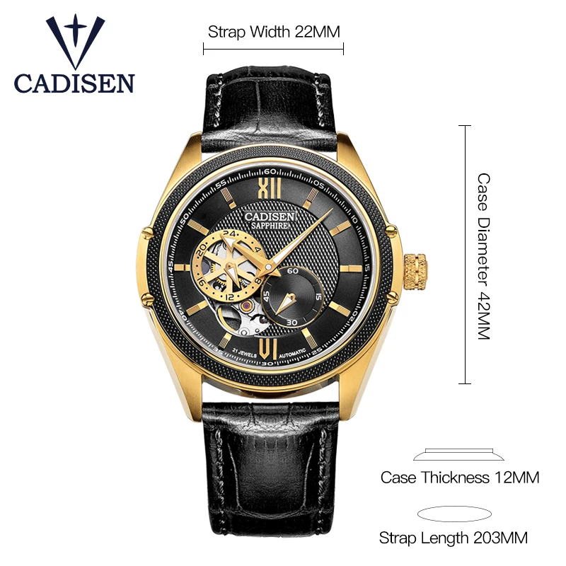 CADISEN Скелет Tourbillon механические часы для мужчин MIYOTA 82S7 Автоматические классические золотые кожаные сапфировые наручные часы Reloj Hombre