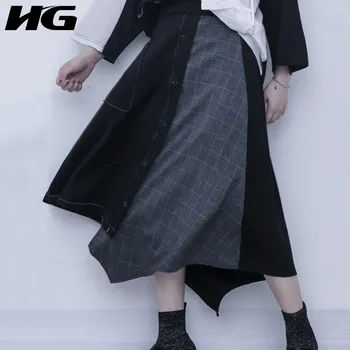 

HG Plaid Spliced Skirt Woman Punk Style Irregular Elastic Waist Vintage Loose Fashion Joker Skirt Lady 2019 New Autumn ZYQ1629