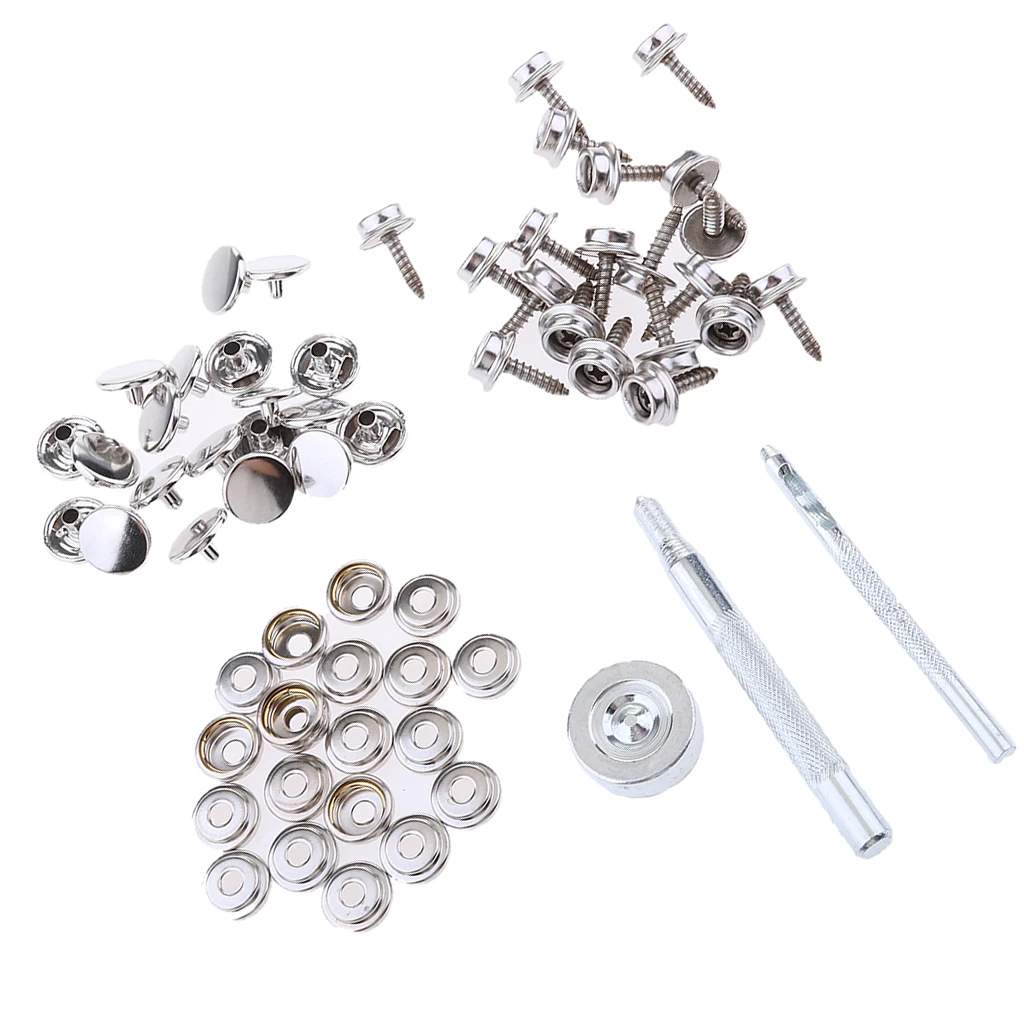 63pcs Marine Boat Stainless Steel Canvas Snap Cover Fastener 15mm Screw Studs Repair Kit w/ Installation Tool