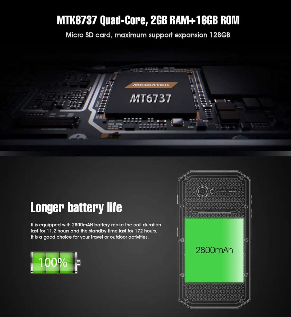  KXD E&L Proofing W7S IP68 Rugged Phone Android 6.0 MTK6737 1.3GHz Quad Core 2GB RAM 16GB ROM 5