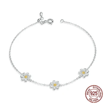 

for Flower Link Bracelet Daisy Women Genuine 925 Sterling Silver Fresh Lovely Gifts Anti-allergy Gift Fine Jewelry