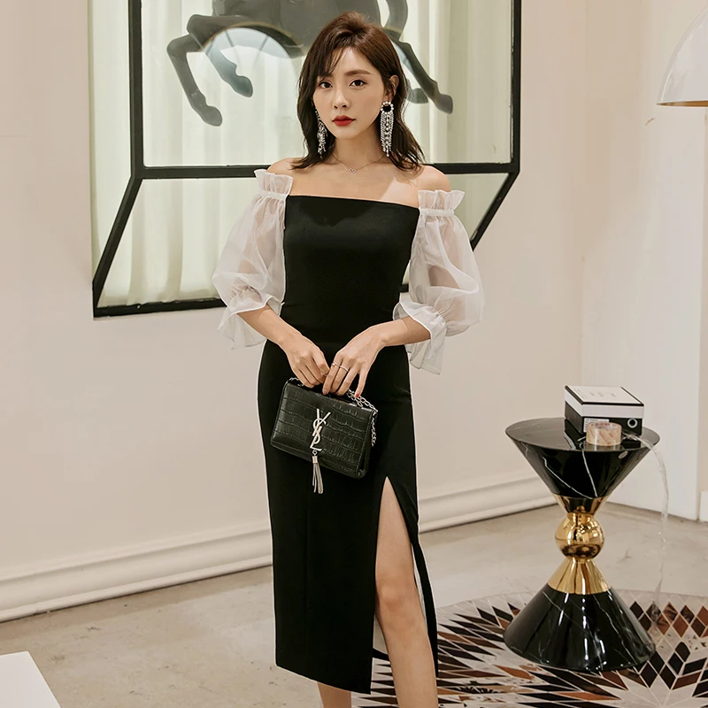 

YIGELILA Autumn Patchwork Dress Slash neck Flare Seelves Elegant Dress Sheath Mid-calf Dinner Party Dress 65232