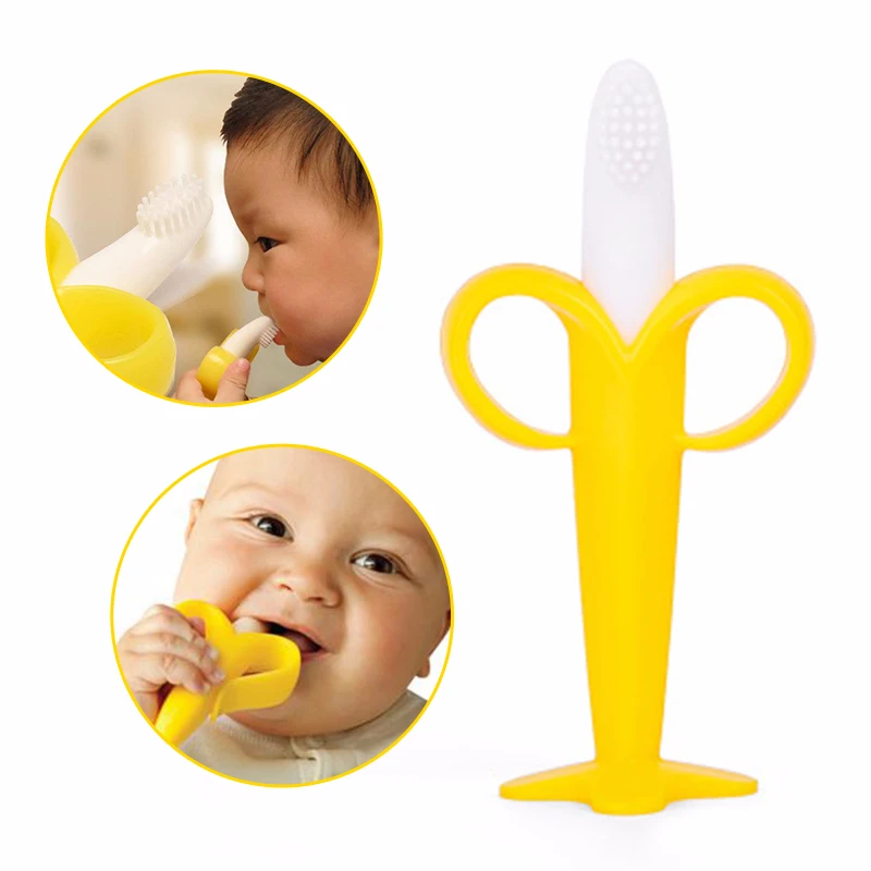

Hot Sales Baby Silicone Training Toothbrush Safe Toddle Teether Infant Banana Shape Chew Toys Baby Chewing Teether