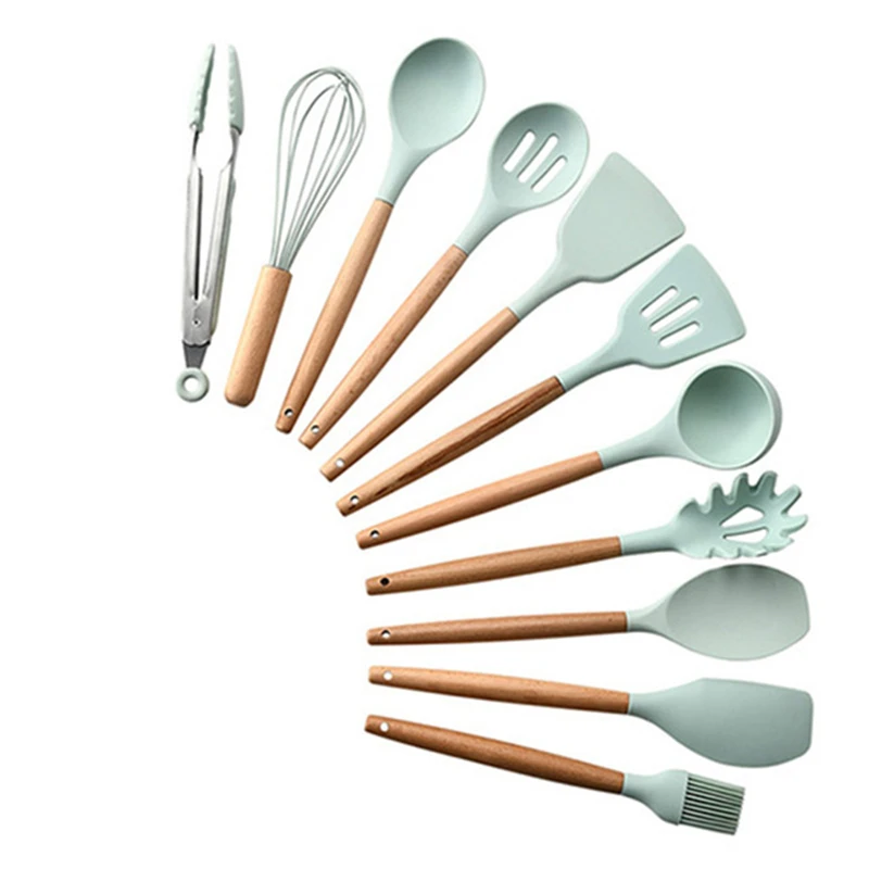 11 Pcs Kitchen Set 11/12 шт набор силиконовых кухонных принадлежностей с деревянной ручкой и ящиком для хранения, набор кухонных принадлежностей, антипригарная металлическая кулинарная лопатка, Подарочные инструменты - Цвет: 11 Pcs Kitchen Set