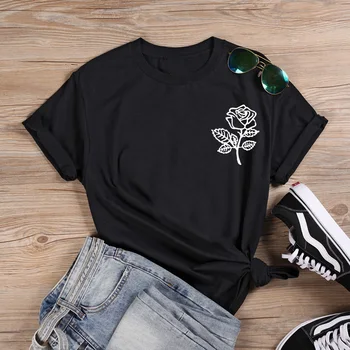 

Rose Flower Fashion T-shirt Women Tshirt Summer Cotton T Shirt Women Harajuku Ladies Top Tee Shirt Femme White Camiseta Mujer