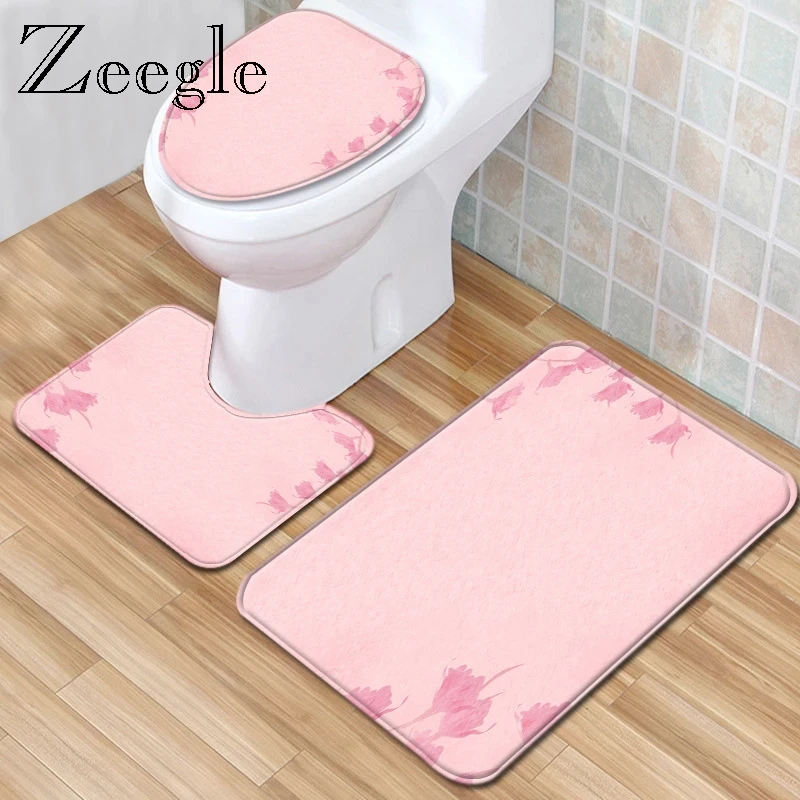 Zeegle Printed Bathroom Bath Mat Set Funny Doormat 3pcs Toilet Rug Set Flannel Floor Pad Washable Toilet Seat Cover Mat