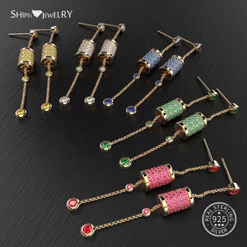 

Shipei 100% 925 Sterling Silver Fine Jewelry Round Sapphire Cylinder Drop Earrings Chain Dangle Earrings for Women Birthday Gift