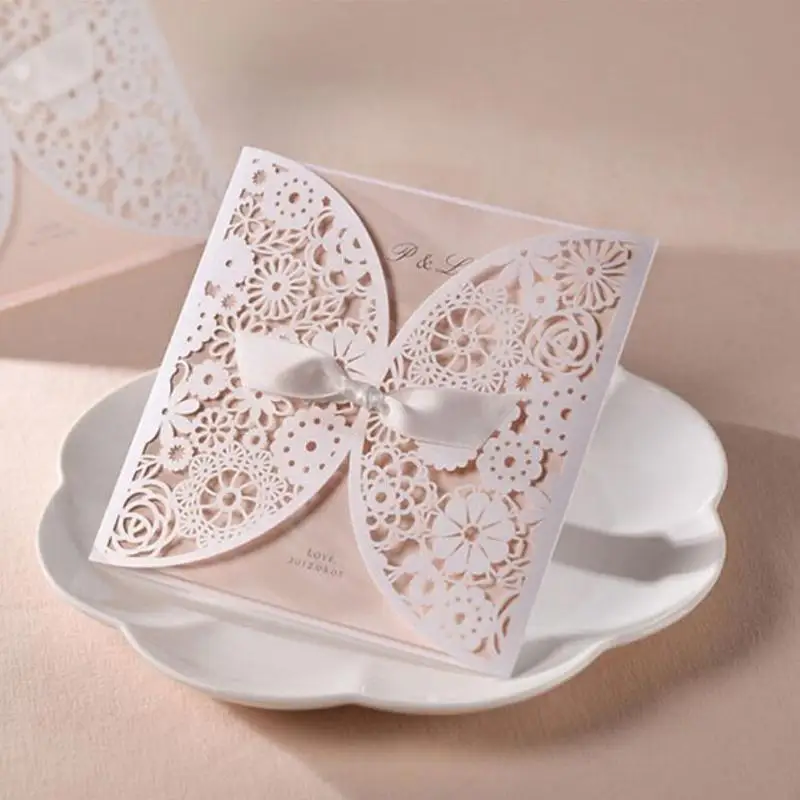 Floral Laser Cut Hollow Bowknot Wedding Invitations Cards Kits with Tri Fold Printable Paper and Envelopes Wedding Decor