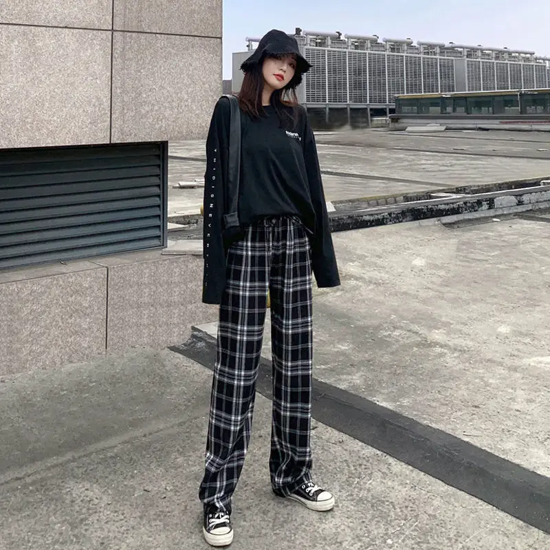 

HOUZHOU Autumn Plaid Pants Women Ankle-length Korean Style Oversized Wide Leg Pants Plus Size Women Trousers Checkered Pants