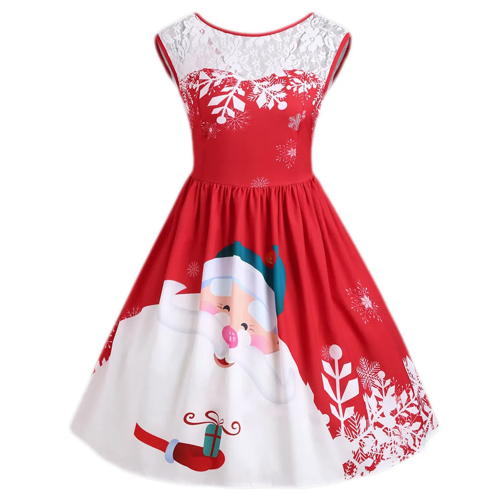 

Sleeper #W401 2019 NEW Fashion Dress Women O-Neck Merry Christmas Lace Insert Santa Claus Print Party wear charm Free Shipping