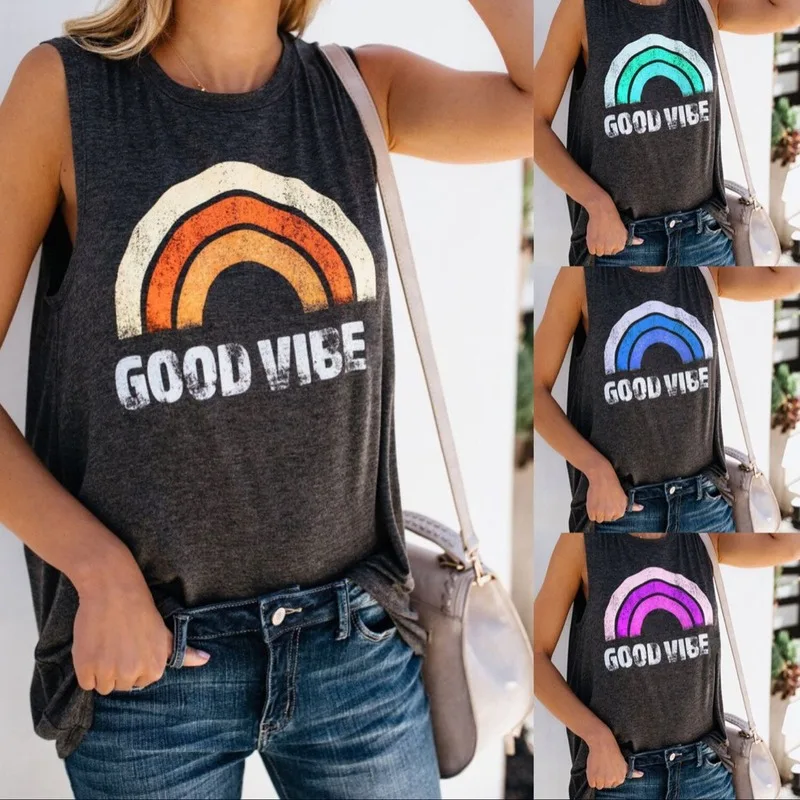 

2019 autumn female T-shirt vest shirt round neck tops sleeveless rainbow casual female T-shirt