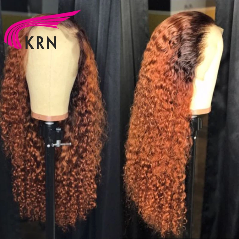 KRN Омбре кудрявые 13x6 кружевные передние человеческие волосы парики с детскими волосами Средний рацион remy волосы "-24" парики шнурка предварительно сорванные парики