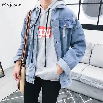 

Jacket Men Long Sleeve Turn-down Collar Denim Mens Jackets and Coats Plus Size Clothes Hot Sale Hole Single Breasted Pockets